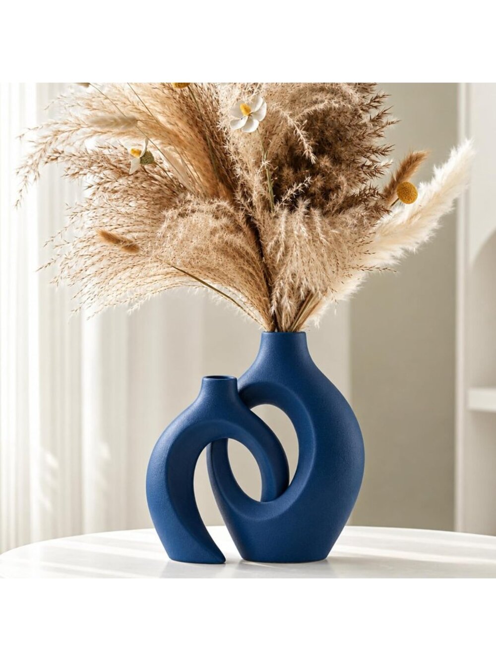 8.4 Navy Blue Ceramic Flower Vase Set 2 Boho Tabletop Centerpiece Home Deco